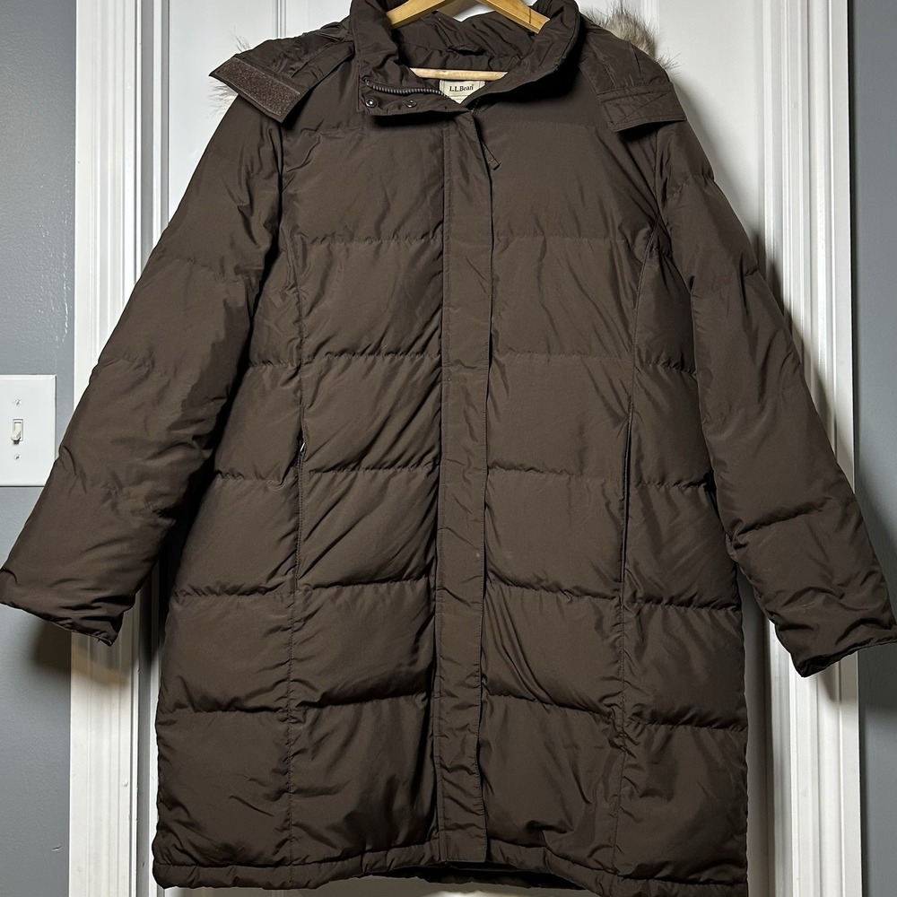 L.L.Bean Long Brown Fur Trim Hood Quilted Down Puffer Parka‎ Coat Gorpcore Style